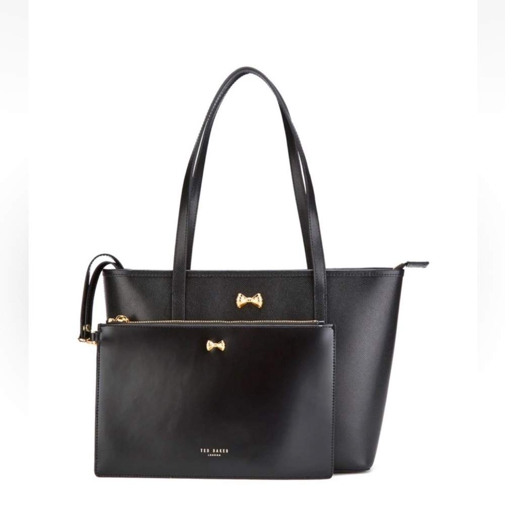 NWOT Ted Baker Anaiya Micro Bow Shopper Black Tote & Matching Wristlet Pouch